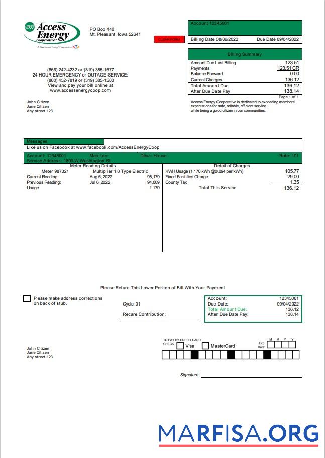 Realistic USA Iowa Access Energy Cooperative utility bill template in Word and PDF format